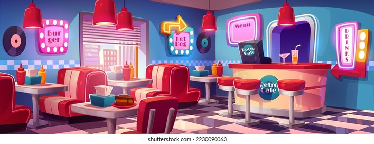 Fast food retro cafe interior with tables, cashier desk with high chairs, glowing menu and signboards. Cafeteria, fastfood restaurant in vintage style with city view, Cartoon vector illustration