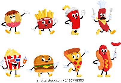 Fast Food Retro Cartoon Characters. Vector Flat Design Collection Set Isolated On Transparent Background