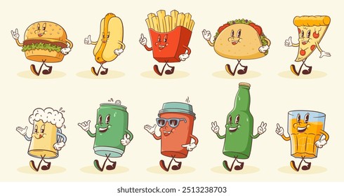 Conjunto de personajes de dibujos animados retro de comida rápida. Groovy Burger, Pizza, Hotdog, Café, Refresco, Cerveza Mascota Ilustraciones Comida de la calle Snacks Bebidas Alcohol Personaje Antiguas Vector Dibujos Colección Aislado