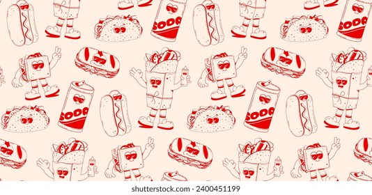 Fast food retro cartoon fast food seamless pattern. Comic characters of burger, fries, taco, hot dog for bar, cafe, restaurant.