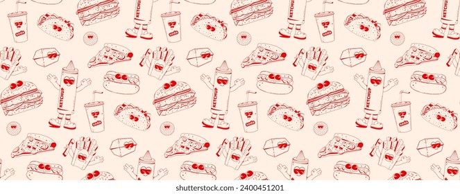 Fast food retro cartoon fast food seamless pattern. Comic characters of burger, fries, taco, hot dog for bar, cafe, restaurant.