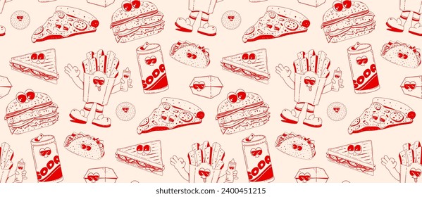 Fast food retro cartoon fast food seamless pattern. Comic characters of burger, fries, taco, hot dog for bar, cafe, restaurant.