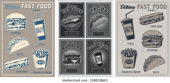 Fast Food Retro Design Menu Set. Vintage Food Commercial Posters