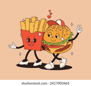 fast food retro groovy cartoon character. Vintage mascot of burger with french fries, burger with hat with happy smile. Funky street food illustration