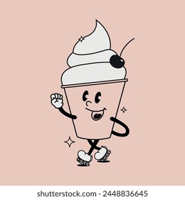 Fast food retro groovy cartoon character of ice cream with cherry and stars goes on roller skates. Cartoon happy groovy vintage trendy food sticker. 