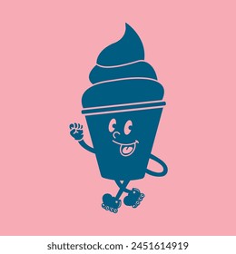 Fast food retro groovy cartoon character of ice cream goes on roller skates. Cartoon happy solid groovy vintage trendy food sticker.