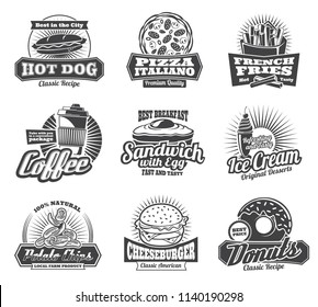 Fast food retro icons of burgers, sandwiches or Italian pizza for cinema bar bistro or fastfood restaurant. Vector menu set of fries, chocolate donut or coffee with soda, hamburger and cheeseburger