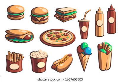 Fast food retro icons with vector burgers, drinks and desserts. Hamburger, pizza, hot dog and sandwich, french fries, soda and cheeseburger, ice cream, popcorn, mexican burritos and taco with sauces