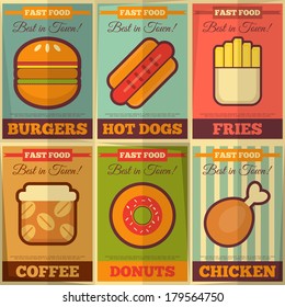 Fast Food Retro Placard Collection in Flat Design Style. Vector Illustration.