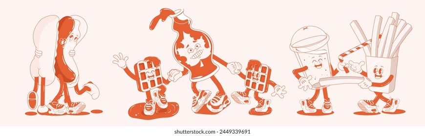 Fast food retro posters or cards with walking funny cute comic characters 60s-70s. illustration for t-shirt print. Mascots for restaurant. Milk shake, hot dog, fries, waffle monochrome red palette