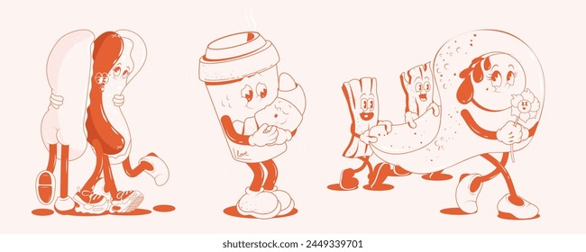 Fast food retro posters or cards with walking funny cute comic characters 60s-70s. illustration for t-shirt print. Mascots for restaurant. Milk shake, hot dog, fries, waffle monochrome red palette