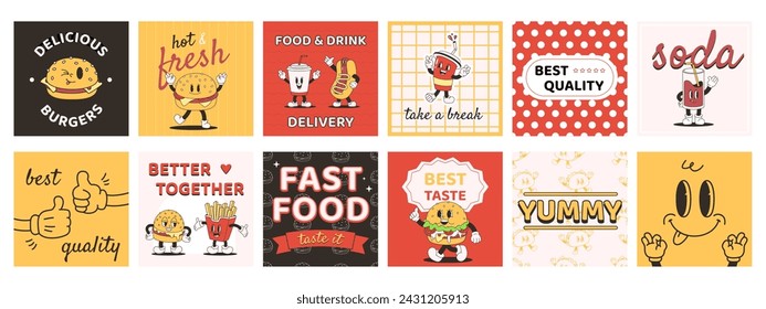 Fast food retro posters. Cute drinks characters, funny groovy burger, hot dog and potato fries. Cafe or restaurant delivery, snugly vector cards design