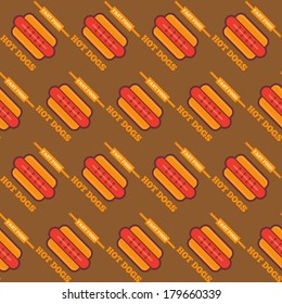 Fast Food Retro Seamless Background with Hot Dogs. Vector Illustration.