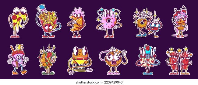 Fast food retro stickers, cute vintage labels. Funny characters of pizza, burger, french fries, hot dog, donut, croissant, ice cream, cola and cake, vector cartoon set in y2k style