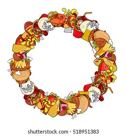 Fast Food ring frame. Background of feed. Edible circle cadre. Pizza and tacos. French fries and hamburger. Hotdog and cookies. Baked turkey and watermelon. Pork and cake. Donuts and dumplings