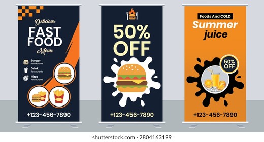 Fast Food Roll Up Banner Template Set With Burger Discount Sale And Summer Juice Promotion Standee Collection Modern Vertical Advertising Display Design Editable Vector For Restaurant Marketing