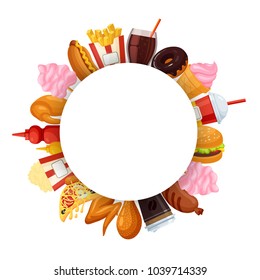 Fast food round banner. Restaurant menu design, hamburger restaurant flyer template, special fast food leaflet. Vector flat style cartoon illustration isolated on white background