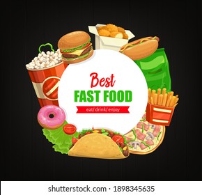 Fast Food Round Banner Vector Popcorn, Cheeseburger And Nuggets With Hot Dog. Chips, French Fries And Pizza With Mushrooms And Bacon, Tacos, Donut And Vegetables. Cartoon Frame With Street Combo Meals