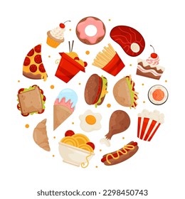 Fast Food Round Composition Design with Hamburger, French Fries, Sweet and Hot Dog Vector Template