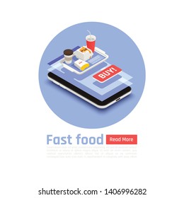Fast food round design concept with tray of hamburger fried potatoes and coffee isometric vector illustration