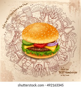 Fast Food Round Design in Outline Hand Drawn Doodle Style with Different Objects on Fast Food Theme. Tasty Hamburger in center. Vector stock Illustration. 