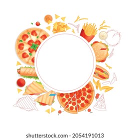 Fast Food Round Frame in flachem Stil mit Pizzas Sandwichs Pommes Frites nachos Saucen Hot-Hunde Burger Vektorgrafik