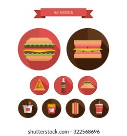 Fast food round icon - hamburger, french fries, soda, pizza, hotdog, tacos, sandwich, noodle. Flat design. Vector Illustration.