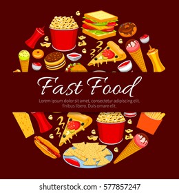 Fast Food Round Symbol. Burger, Hot Dog, Pizza, French Fries, Taco, Nacho, Donut, Sandwich, Ice Cream Cone, Popcorn And Sauce Icons With Text Fast Food In Center. Takeaway Food Packaging Design