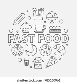 Fast food round symbol. Vector outline illustration made with junk food icons