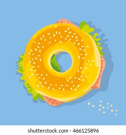 fast food salmon sandwich. bagel with seed flat style poster. food snack vector illustration