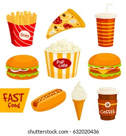 Fast food sandwich, drink and snack isolated icon set. Hamburger, pizza slice, hot dog, coffee, french fries, sweet soda, cheeseburger, popcorn and ice cream cone. Fast food takeaway menu design