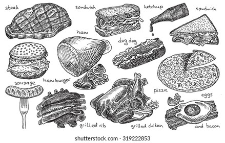 fast food, sandwich, hamburger, hot Dog, ketchup, pizza, grilled rib, steak, grilled chicken, sausage, croissant, bacon and eggs