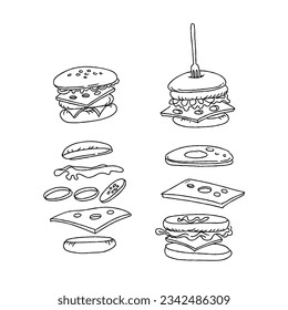 fast food, sandwich, junk food hand drawn doodle illustrations vector set