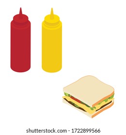Fast food sandwich and  ketchup mustard squeeze bottles. Unhealthy eating. Vector isometric view