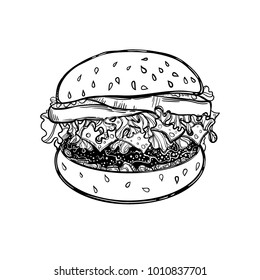 Fast food. A sandwich with meat, tomatoes and lettuce. Line drawing. Design element diner menu. Burger great delicious. Vector illustration.  A sketch of the sandwich.