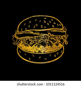 Fast food. A sandwich with meat, tomatoes and lettuce. Line drawing. Design element diner menu. Burger great delicious. Vector illustration.  A sketch of the sandwich. Gold.