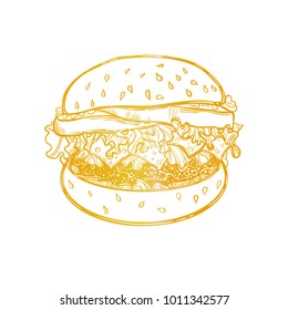 Fast food. A sandwich with meat, tomatoes and lettuce. Line drawing. Design element diner menu. Burger great delicious. Vector illustration.  A sketch of the sandwich. Gold.
