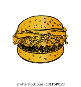 Fast food. A sandwich with meat, tomatoes and lettuce. Line drawing. Design element diner menu. Burger great delicious. Vector illustration.  A sketch of the sandwich. Gold.
