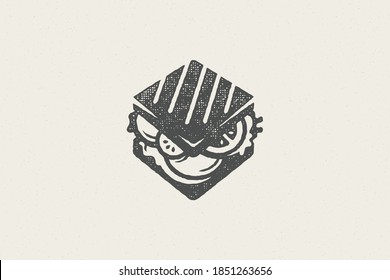 Fast food sandwich silhouette with cheese hand drawn stamp effect vector illustration. Vintage grunge texture symbol for packaging and fast food restaurant menu design or label decoration