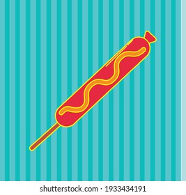 fast food, sausage skewer with mustard sauce, vector image with blue textured background