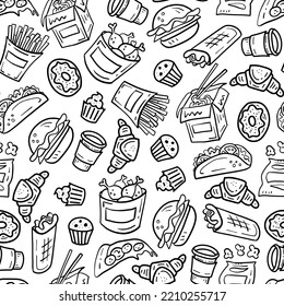 Fast food seamless background cartoon doodle. Hand drawn food background with repeat vector illustration of falling snacks sketches set, tasty restaurant elements for wallpaper, packaging, delivery