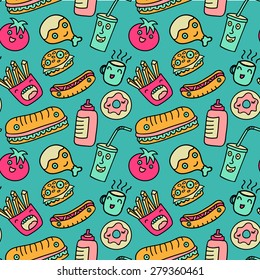 Fast food seamless background. Funny cartoon characters.