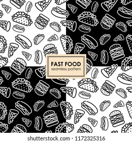 Fast food. Seamless background. Vector fast food pattern. Signboard, banner. Background for menu, cafe, restaurant, bar, nightclub design.