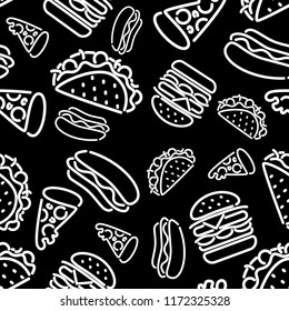 Fast food. Seamless background. Vector fast food pattern. Signboard, banner. Background for menu, cafe, restaurant, bar, nightclub design.