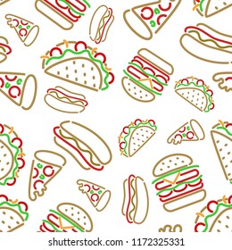 Fast food. Seamless background. Vector fast food pattern. Signboard, banner. Background for menu, cafe, restaurant, bar, nightclub design.