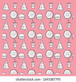  Schnelles Essen.Nahtloser Hintergrund. Fast-Food-Muster der Vektorillustration
