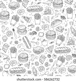 Fast food. Seamless background. Vector fast food pattern. - Shutterstock ID 586262732