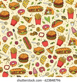 Fast food. Seamless background. Vector fast food pattern.