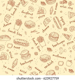 Fast food. Seamless background. Vector fast food pattern.