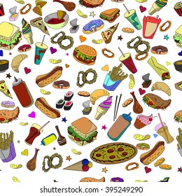 Fast food seamless design vector line art. Hand drawn doodle design elements.